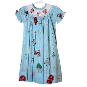 Lil Cactus Barnyard Print Farm Animal Smocked Bishop Dress 5 Years Blue Country